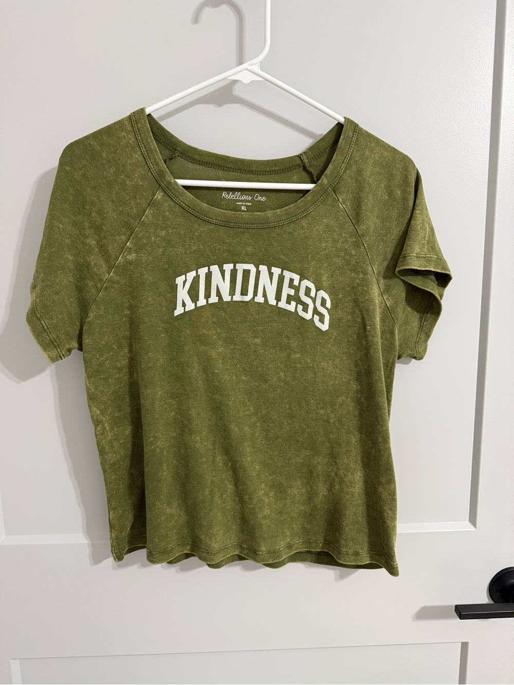 Rebellious One Kindness Graphic Tee Olive Green Mineral Wash Size XL